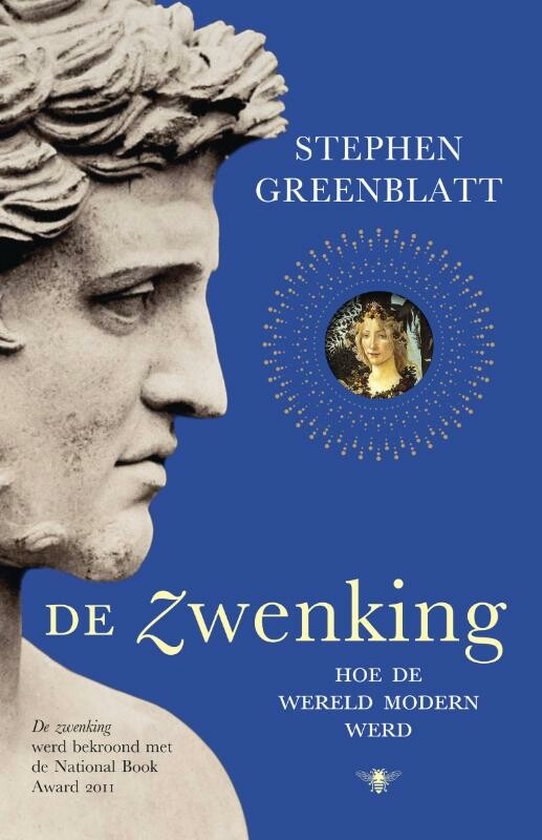 Boek 'De Zwenking Hoe de Wereld Modern Werd' met een Griekse buste en een medaillon van een vrouw.
