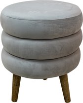 Clayre & Eef Poef Ø 38*44 cm Grijs Velours, Hout Rond Hocker Voetenbankje