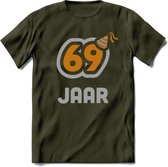 69 Jaar Feest T-Shirt | Goud - Zilver | Grappig Verjaardag Cadeau Shirt | Dames - Heren - Unisex | Tshirt Kleding Kado | - Leger Groen - M