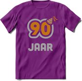90 Jaar Feest T-Shirt | Goud - Zilver | Grappig Verjaardag Cadeau Shirt | Dames - Heren - Unisex | Tshirt Kleding Kado | - Paars - XL