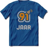 91 Jaar Feest T-Shirt | Goud - Zilver | Grappig Verjaardag Cadeau Shirt | Dames - Heren - Unisex | Tshirt Kleding Kado | - Donker Blauw - S