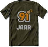 91 Jaar Feest T-Shirt | Goud - Zilver | Grappig Verjaardag Cadeau Shirt | Dames - Heren - Unisex | Tshirt Kleding Kado | - Leger Groen - M