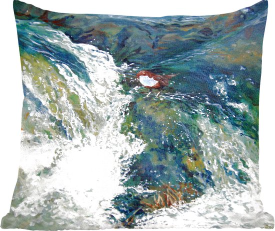 Sierkussens - Kussen - Olieverfschilderij de Vogel en de Waterval - 45x45 cm - Kussen van katoen