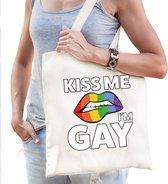 Kiss me Im gay regenboog tas - witte katoenen tas - Gay Pride/lhbt