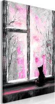 Schilderij - Longing Kitty (1 Part) Vertical Pink.