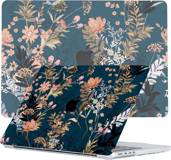 Coque pour MacBook Pro 16 pouces avec imprimé floral sur fond bleu foncé, avec ordinateur portable.