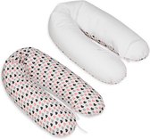 Coussin d'allaitement - Coussin de grossesse - 100% coton - avec ficelles - 145 cm - coeurs rose-noir-gris - blanc