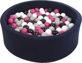 Ballenbad rond - navy - 90x30 cm - met 200 zwart, wit, roze en grijze ballen