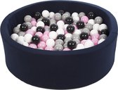 Ballenbad rond - navy - 90x30 cm - met 200 zwart, wit, lichtroze en grijze ballen