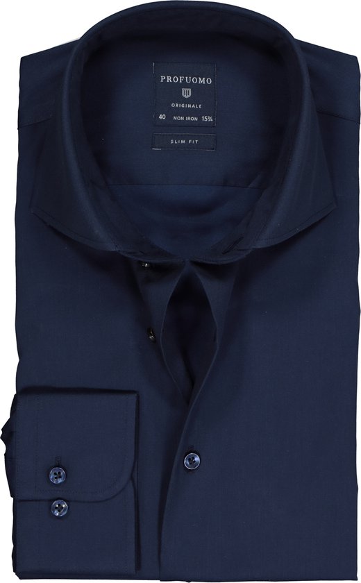 Profuomo slim fit overhemd - fine twill - marine blauw - Strijkvrij - Boordmaat: 41