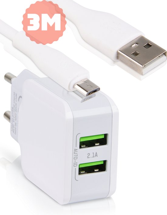 Duo USB stekker – 2A stekker – USB adapter – 3 meter Micro USB kabel oplader Samsung |