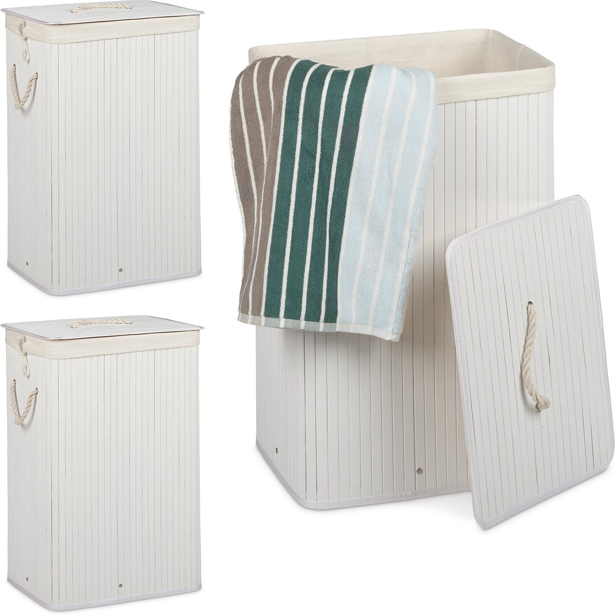 Goedkoopste 3x wasmand bamboe - wasbox opvouwbaar - 80 L - 65,5 x 43,5 x 33,5 cm - wit