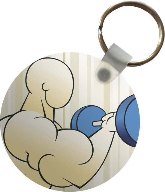 Sleutelhanger - Een illustratie van een bodybuilder met een blauwe halter - Plastic - Rond - Uitdeelcadeautjes