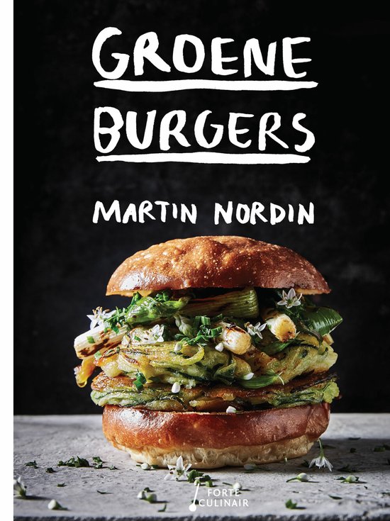 Boekcover met de titel 'Groene Burgers' van Martin Nordin, met een grote, rijk gevulde vegetarische burger.