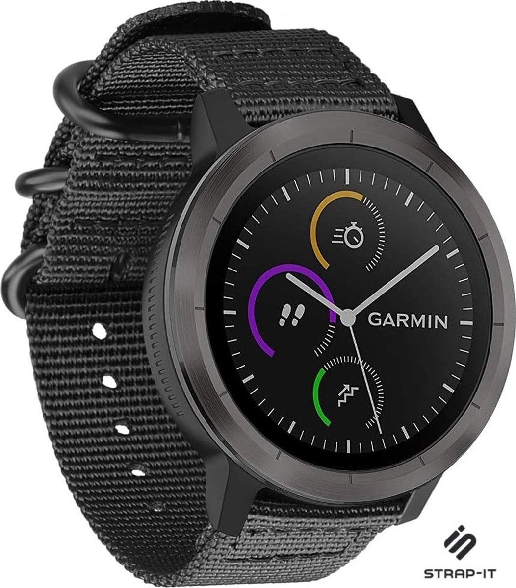 Strap-it Nylon gesp bandje - geschikt voor Garmin Vivoactive 4 45mm / Garmin Venu 2 - zwart