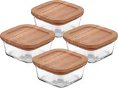 Joy Kitchen glazen vershoudbakjes - 375 cc - Set van 4 - meal prep bakjes - Vershoudbakjes glas vleeswarendoos - Vershoudbakjes set met deksel - Glas en hout