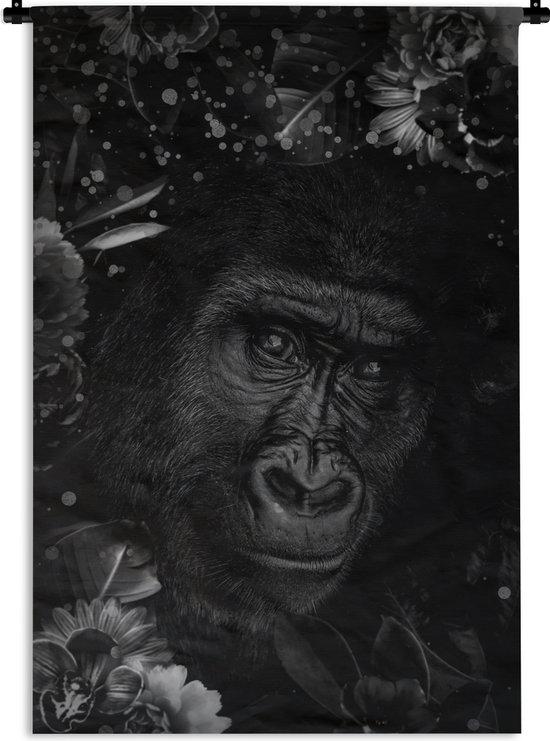 Wandkleed - Wanddoek - Botanische aap met lichtbollen tegen donkere achtergrond - zwart wit - 60x90 cm - Wandtapijt