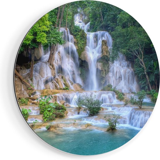 Artaza Dibond Muurcirkel Waterval In Het Tropische Natuur - Ø 70 cm - Wandcirkel - Rond Schilderij - Voor Binnen en Buiten