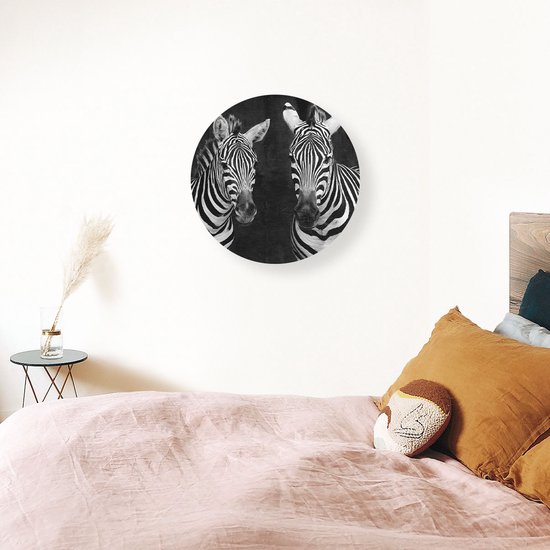 Artaza Dibond Muurcirkel Twee Zebra's - Zwart Wit - Ø 70 cm - Wandcirkel - Rond Schilderij - Voor Binnen en Buiten
