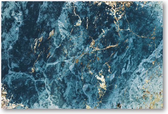 Blauw en Goud - Marmer patroon - 90x60 Canvas Liggend - Minimalist