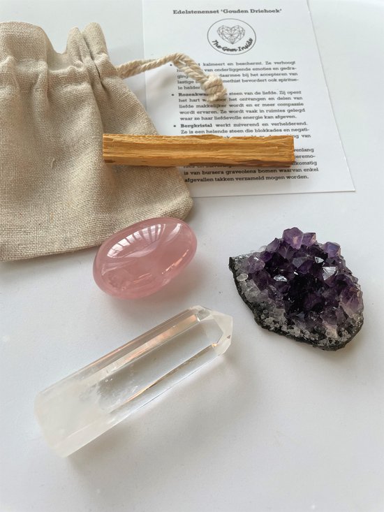 The Gem Inside – Gouden driehoek Large - Set van 3 edelstenen - Amethist – Rozenkwarts - Bergkristal - Palo santo