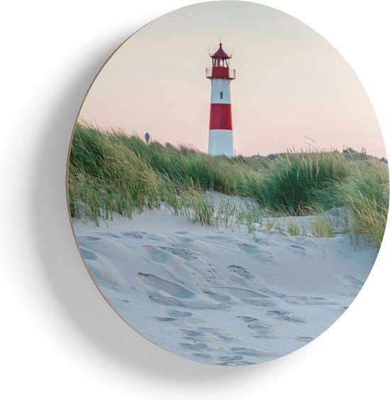 Cercle mural en bois Artaza - Plage et dunes avec un phare - Ø 70 cm - Cercle mural en contreplaqué - Peinture ronde