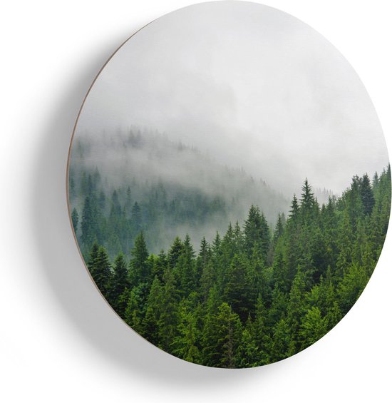 Artaza Houten Muurcirkel - Groen Bos Met Bomen Tijdens De Mist - Ø 70 cm - Multiplex Wandcirkel - Rond Schilderij