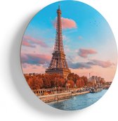Artaza Houten Muurcirkel - Eiffeltoren In Parijs Aan Het Water - Ø 50 cm - Klein - Multiplex Wandcirkel - Rond Schilderij