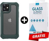 Backcover Shockproof Carbon Hoesje iPhone 11 Legergroen - Gratis Screen Protector - Telefoonhoesje - Smartphonehoesje