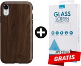 Backcover Hout Design Hoesje iPhone XR Donkerbruin - Gratis Screen Protector - Telefoonhoesje - Smartphonehoesje