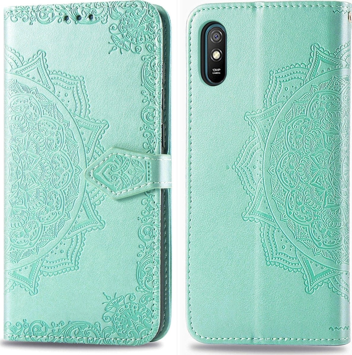 Mobigear Telefoonhoesje geschikt voor Xiaomi Redmi 9A Hoesje | Mobigear Mandala Bookcase Portemonnee | Pasjeshouder voor 3 Pasjes | Telefoonhoesje voor Pinpas / OV Kaart / Rijbewijs - Turquoise