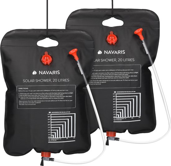 Navaris campingdouche op zonne-energie - 20 liter - Set van 2 - Verwarmbare camping douchezak met douchekop, slang en kraan - Voor reizen en kamperen