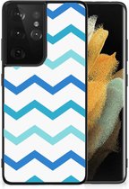 Siliconen Back Cover Geschikt voor Geschikt voor Samsung Galaxy S21 Ultra Telefoon Hoesje met Zwarte rand Zigzag Blauw