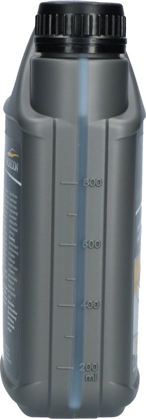 Grijze fles 1L Protecton kettingzaagolie, zijaanzicht met maatverdeling.