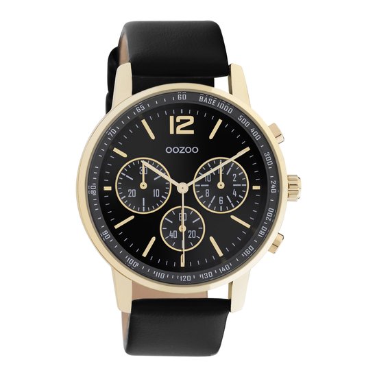 OOZOO Timepieces - goudkleurige horloge met zwarte leren band - C10841 - Ø42