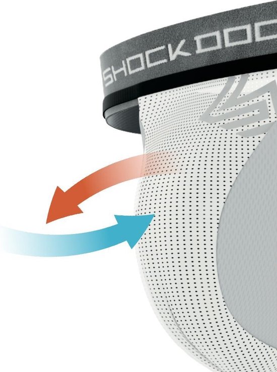 Witte, geperforeerde stof van een jockstrap met een grijs SHOCK DOCTOR-elastiek, met pijlen die luchtcirculatie aangeven.
