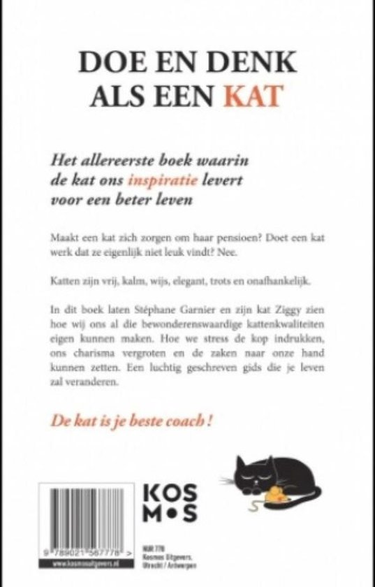 Achterkant van een boek met tekst over het leven als een kat. Een zwarte kat ligt naast een muis.