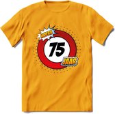 75 Jaar Hoera Verkeersbord T-Shirt | Grappig Verjaardag Cadeau | Dames - Heren | - Geel - M