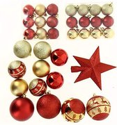 Decoratieset voor Rode en Gouden Kerstboom met 33 bollen van 4 tot 8 cm MET BIJLAGEN + Een kam van 15 cm.