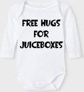Baby Rompertje met tekst 'Free hugs for juiceboxes' |Lange mouw l | wit zwart | maat 50/56 | cadeau | Kraamcadeau | Kraamkado