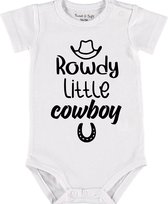 Baby Rompertje met tekst 'Rowdy cowboy' |Korte mouw l | wit zwart | maat 50/56 | cadeau | Kraamcadeau | Kraamkado