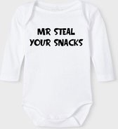 Baby Rompertje met tekst 'Mr steal youre snack' | Lange mouw l | wit zwart | maat 62/68 | cadeau | Kraamcadeau | Kraamkado