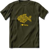 I Love Fishing - Vissen T-Shirt | Geel | Grappig Verjaardag Vis Hobby Cadeau Shirt | Dames - Heren - Unisex | Tshirt Hengelsport Kleding Kado - Leger Groen - XL