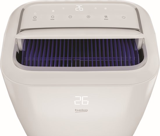 Witte Beko airco met digitale display met 26, timer, modus, temperatuurinstelling en snelheid. Bovenkant met paarse lamellen.