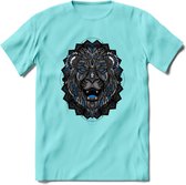 Leeuw - Dieren Mandala T-Shirt | Blauw | Grappig Verjaardag Zentangle Dierenkop Cadeau Shirt | Dames - Heren - Unisex | Wildlife Tshirt Kleding Kado | - Licht Blauw - M