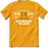 14 Jaar Legend T-Shirt | Goud - Wit | Grappig Verjaardag en Feest Cadeau Shirt | Dames - Heren - Unisex | Tshirt Kleding Kado | - Geel - XL