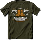 81 Jaar Legend T-Shirt | Goud - Wit | Grappig Verjaardag en Feest Cadeau Shirt | Dames - Heren - Unisex | Tshirt Kleding Kado | - Leger Groen - XL
