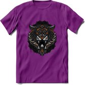 Tijger - Dieren Mandala T-Shirt | Oranje | Grappig Verjaardag Zentangle Dierenkop Cadeau Shirt | Dames - Heren - Unisex | Wildlife Tshirt Kleding Kado | - Paars - XXL