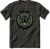 Beer - Dieren Mandala T-Shirt | Groen | Grappig Verjaardag Zentangle Dierenkop Cadeau Shirt | Dames - Heren - Unisex | Wildlife Tshirt Kleding Kado | - Donker Grijs - M