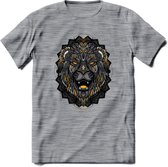 Leeuw - Dieren Mandala T-Shirt | Geel | Grappig Verjaardag Zentangle Dierenkop Cadeau Shirt | Dames - Heren - Unisex | Wildlife Tshirt Kleding Kado | - Donker Grijs - Gemaleerd - X